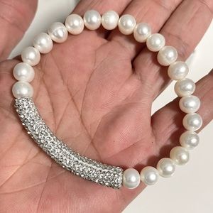 White Cultured Freshwater Pearl White Crystal Silver Tone Stretch Bracelet